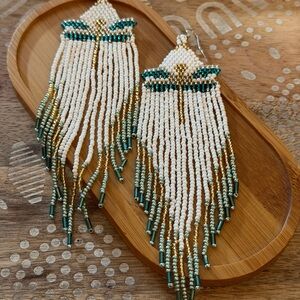 New Fun Sparkly Teal & White Woven Beaded Dragonfly Earrings